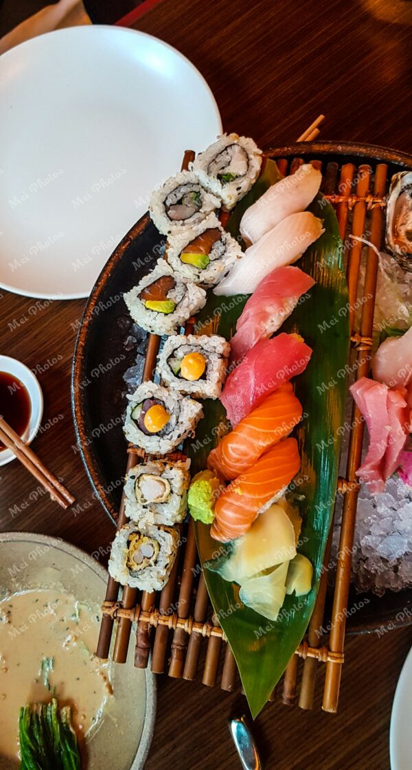 Sushi on wooden serving tray