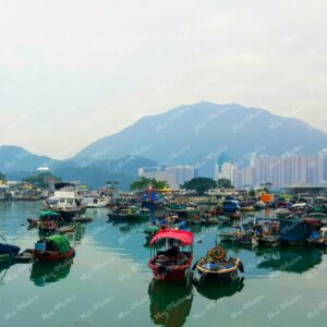 Boats in fishing village in Hong Kong Harbor With Mountains