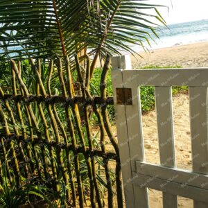 Wooden Fence With Palm Tree by Sand, Waves, and Beach with Sea Foam at Sunset in Hikkaduwa Sri Lanka During Relaxing Vacation
